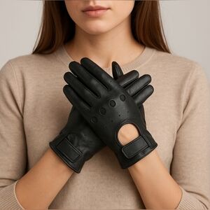 Vintage - Ladies Women's Black Genuine Leather Gloves Size Large Xs Front Strap